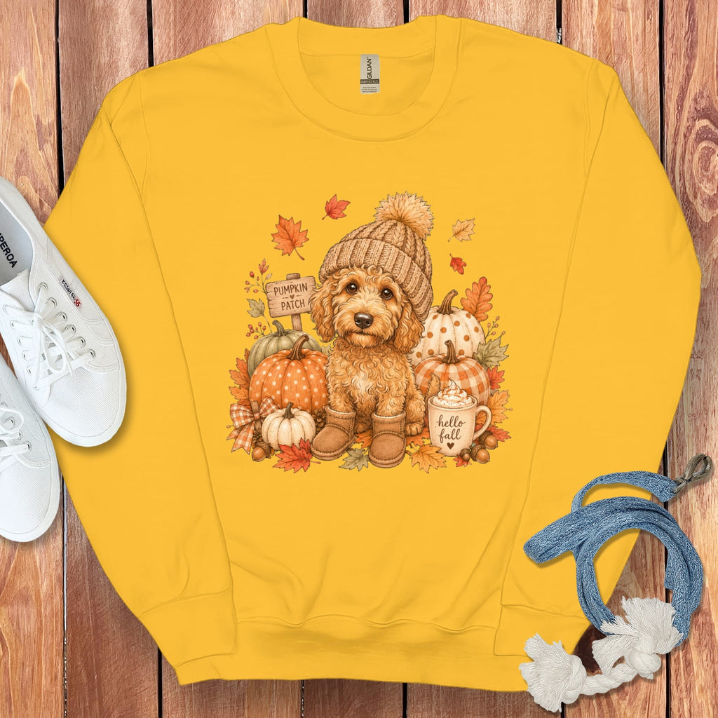 Apricot Goldendoodle Pumpkin Patch Sweatshirt in Gold / S by Puppy Jo