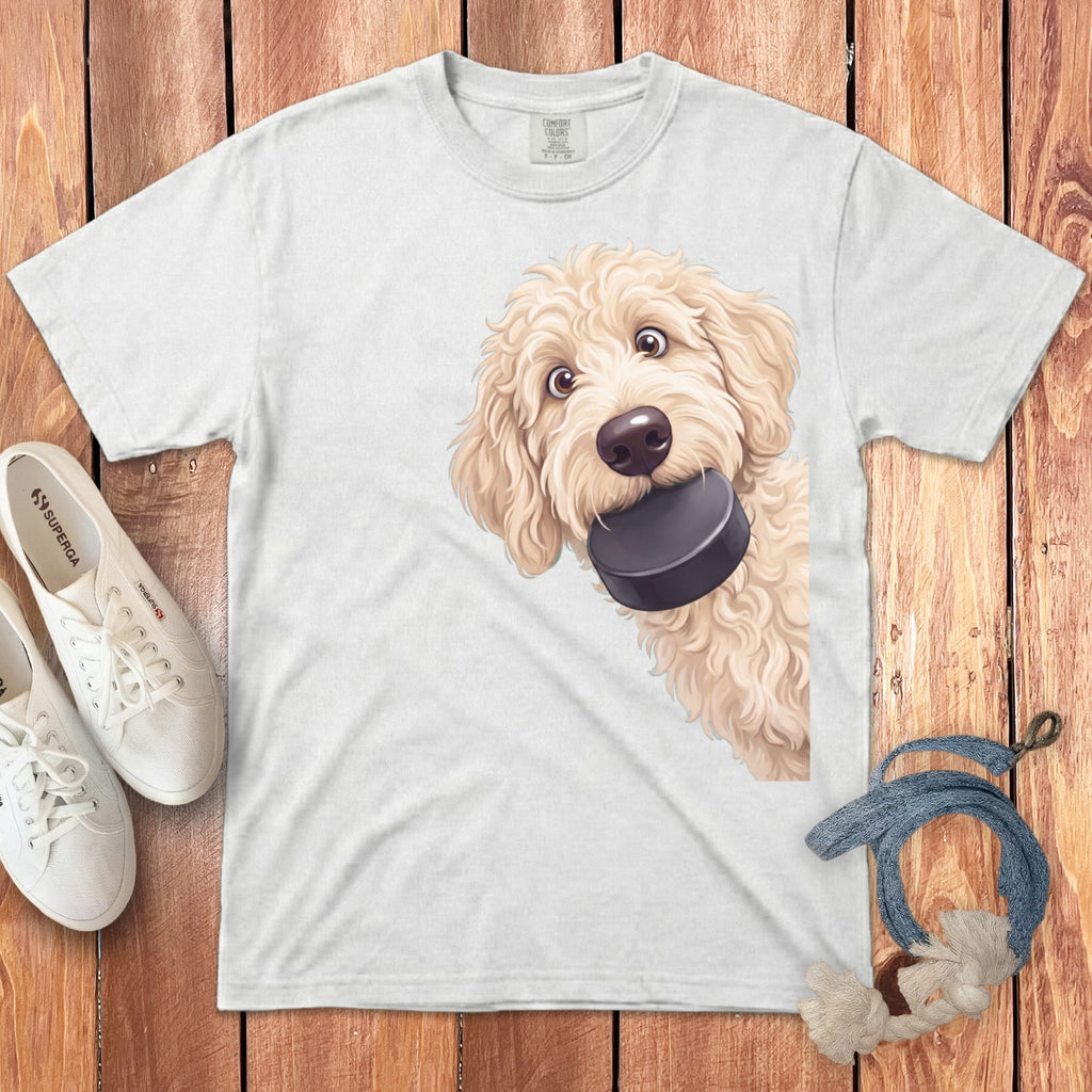 Cream Goldendoodle Hockey Puck Signature T-Shirt in White / S by Puppy Jo