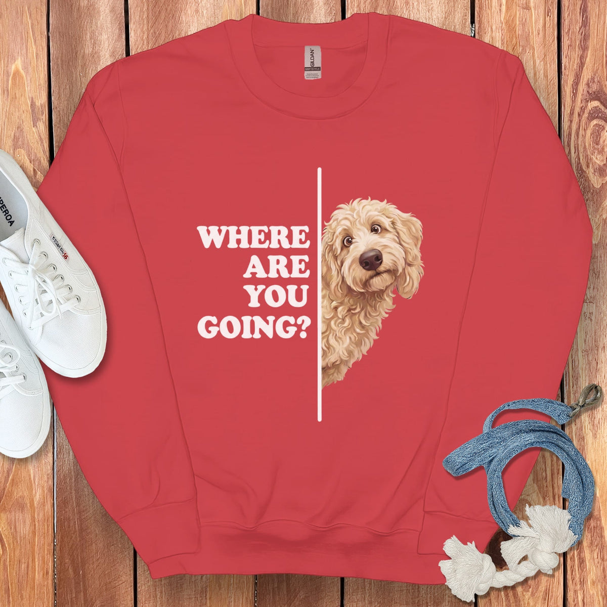 Where Going Cream Goldendoodle Sweatshirt in Red / S by Puppy Jo