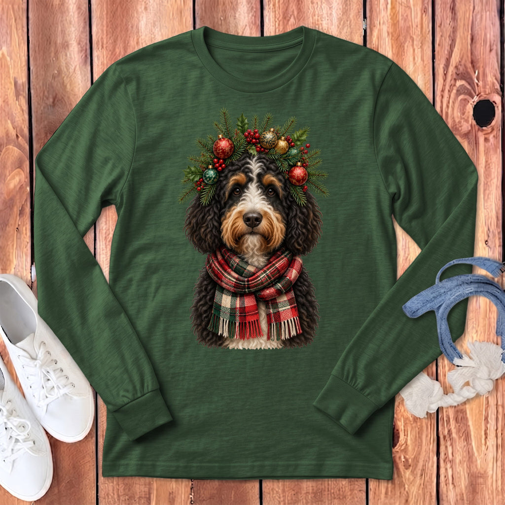Bernedoodle Holiday Crown Long Sleeve T-Shirt in Heather Forest / S by MyDesigns