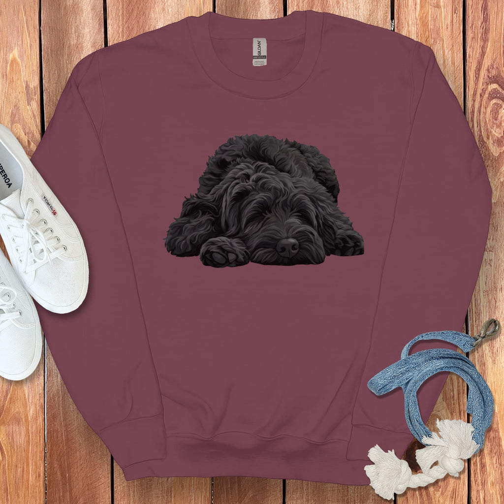 Black Goldendoodle Snoozing Sweatshirt in Maroon / S by Puppy Jo