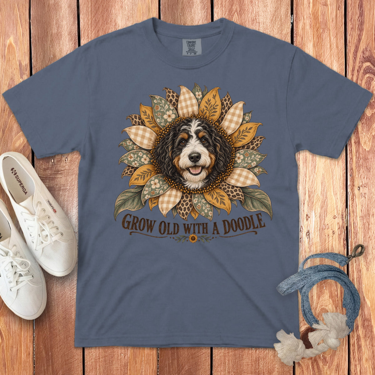 A slate blue t-shirt features a doodle dog inside a sunflower graphic with the text Grow Old With a Doodle.