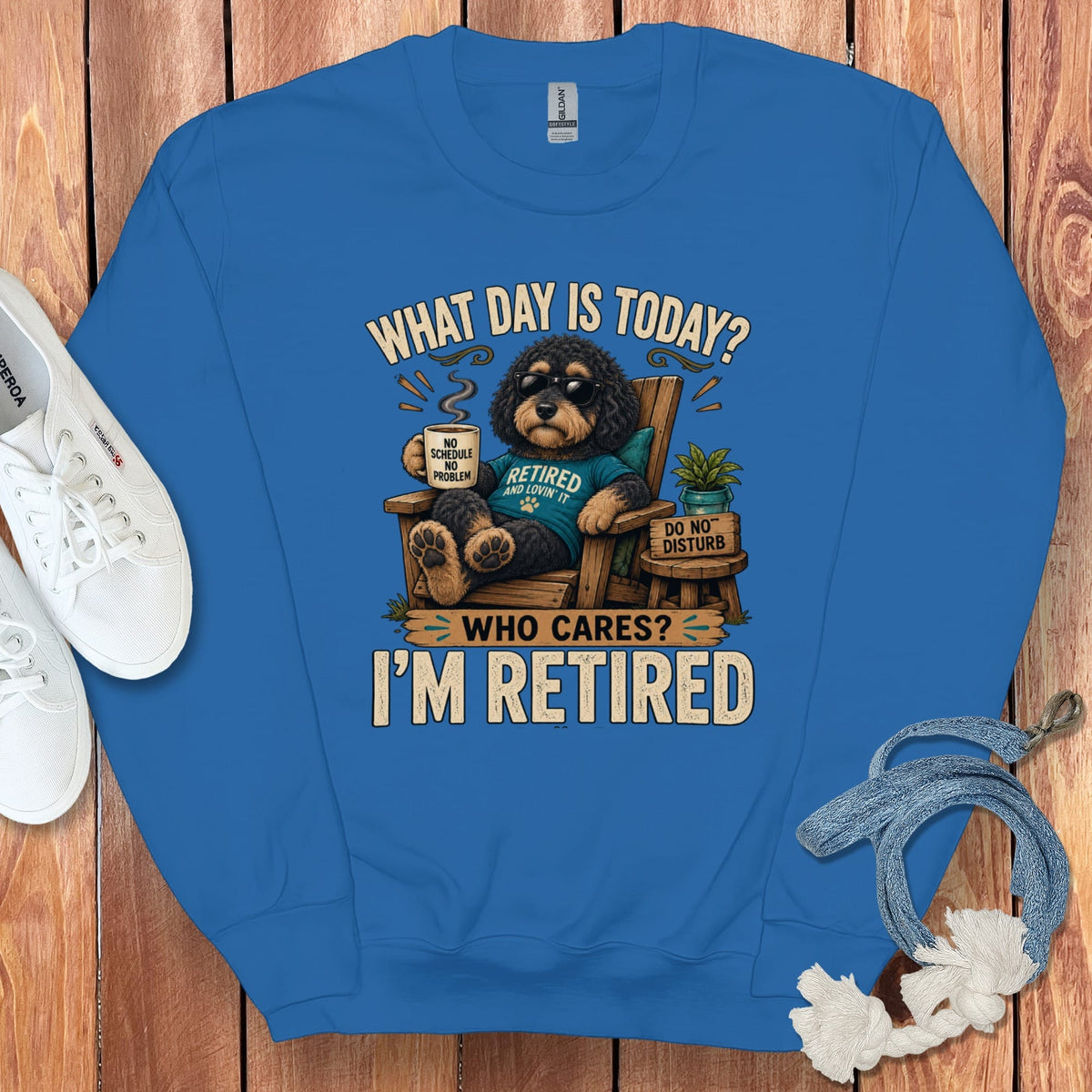 I'm Retired Phantom Goldendoodle Sweatshirt in Royal / S by Puppy Jo