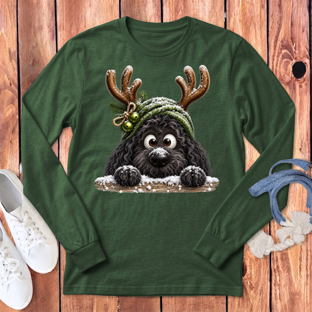 Green long-sleeve shirt featuring a cartoon dog wearing antlers and a Santa hat.