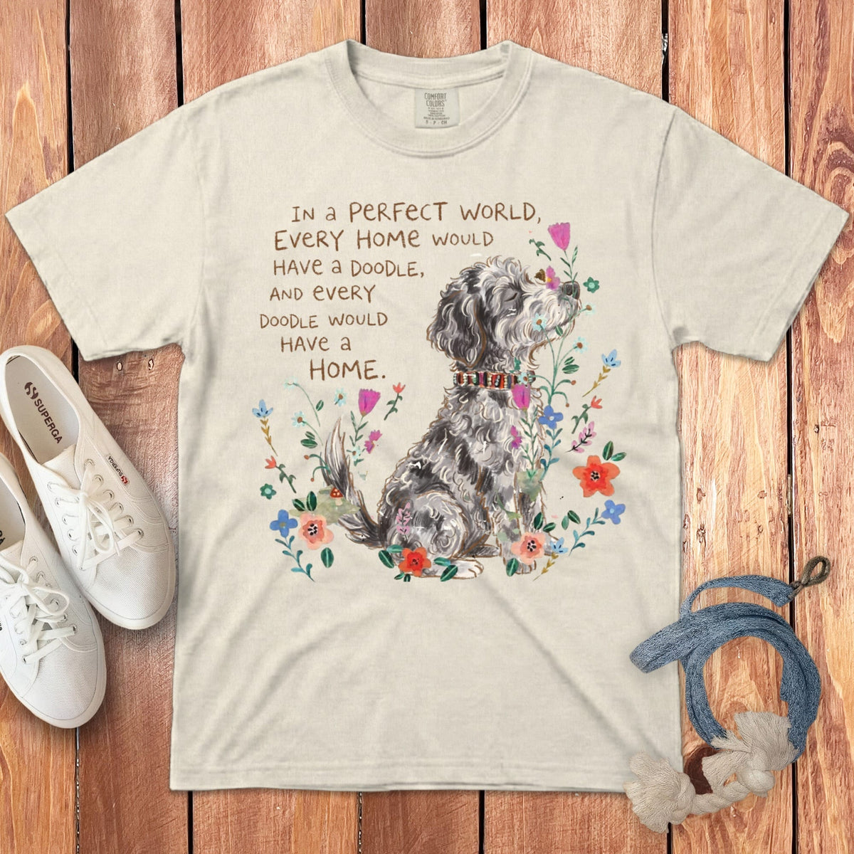 Perfect World Merle Goldendoodle Signature T-Shirt in Ivory / S by Puppy Jo