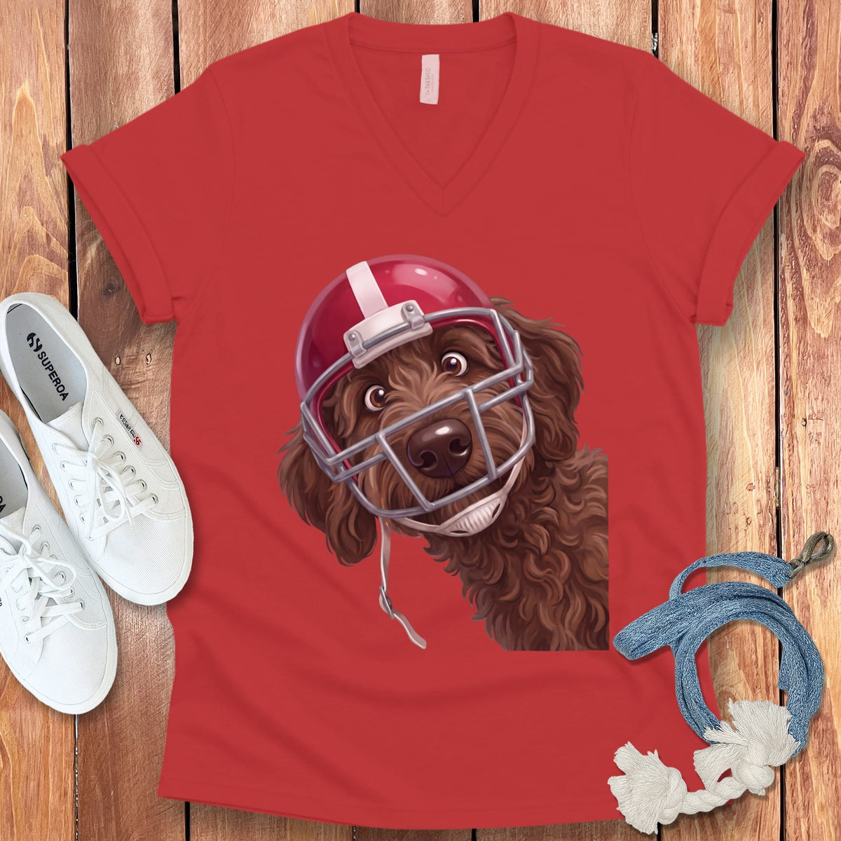 Chocolate Goldendoodle Football Helmet V-Neck T-Shirt in Red / S by Puppy Jo