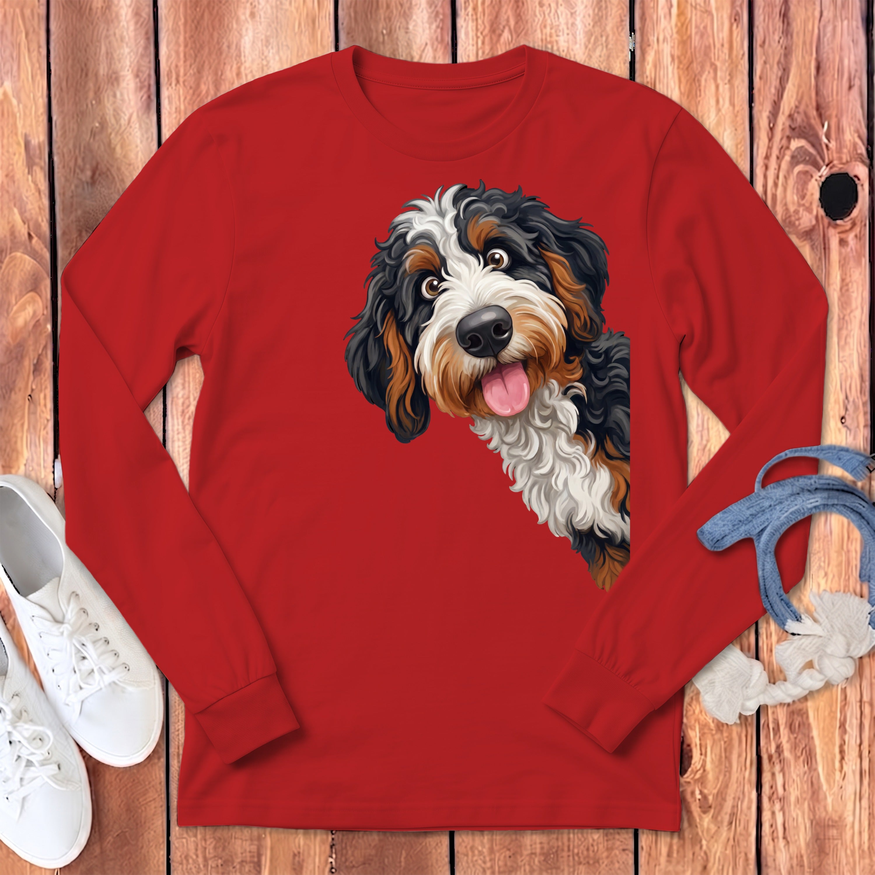 Bernese Mountain Dog graphic on a red long-sleeved shirt with white sneakers.