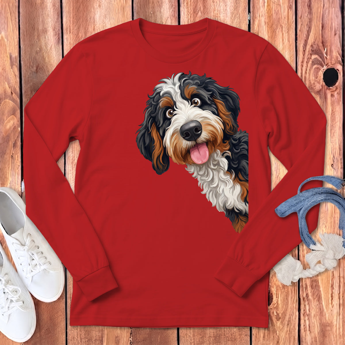 Bernese Mountain Dog graphic on a red long-sleeved shirt with white sneakers.