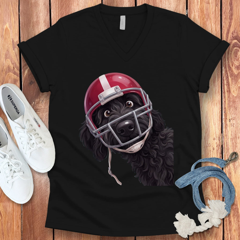 Black Goldendoodle Football Helmet V-Neck T-Shirt in Black / S by Puppy Jo