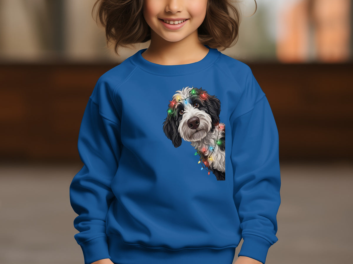 Blue sweatshirt with a black and white dog wearing colorful Christmas lights.