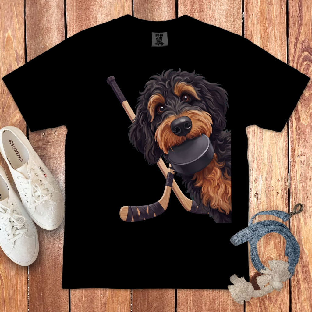 Phantom Goldendoodle Hockey Signature T-Shirt in Black / S by Puppy Jo