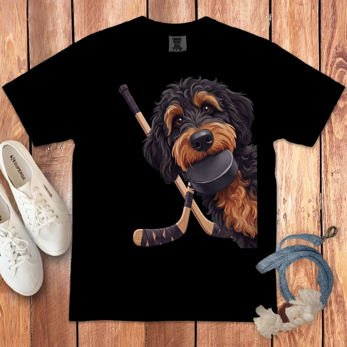Phantom Goldendoodle Hockey Signature T-Shirt in Black / S by Puppy Jo