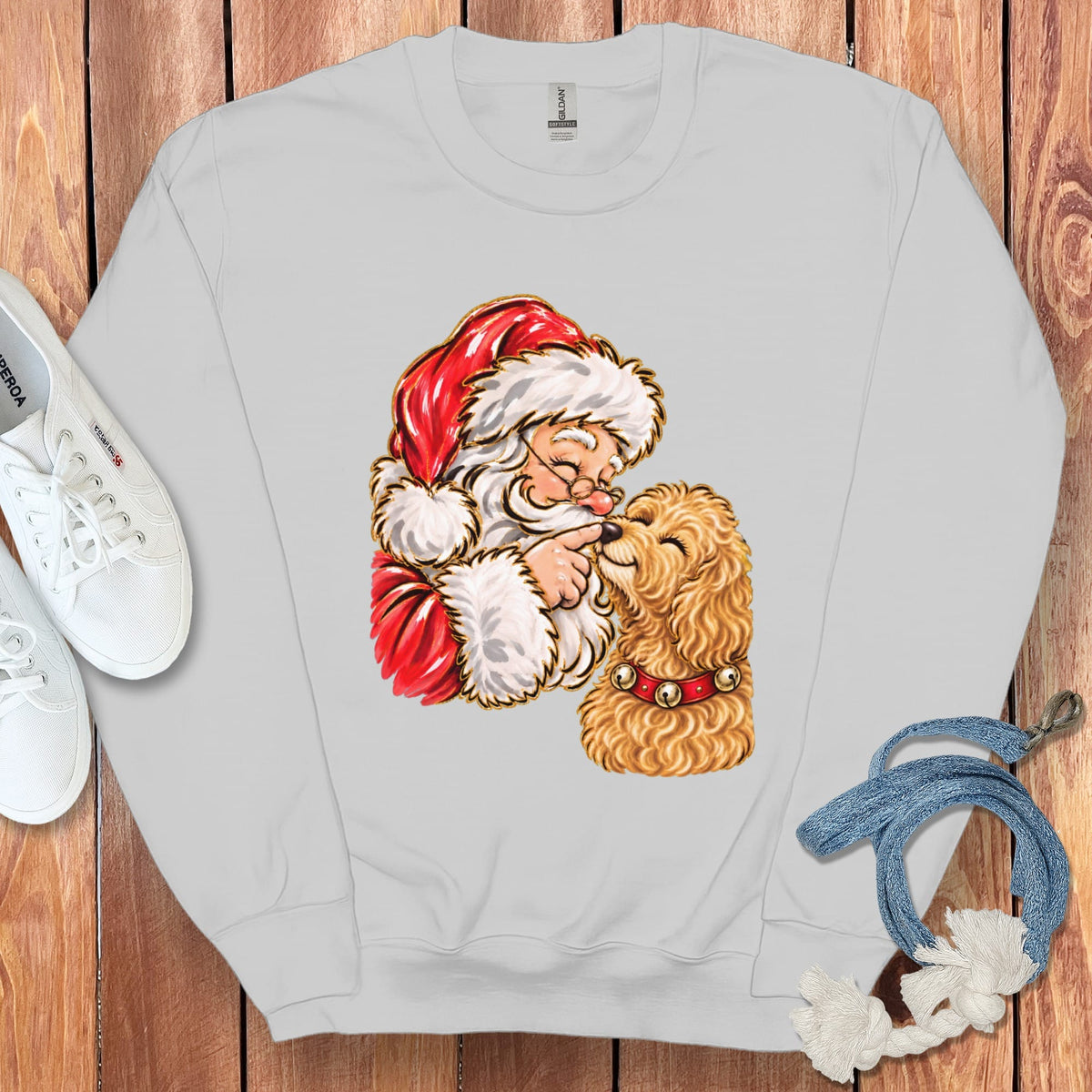 Golden Goldendoodle Santa Kiss Sweatshirt in Sport Grey / S by Puppy Jo