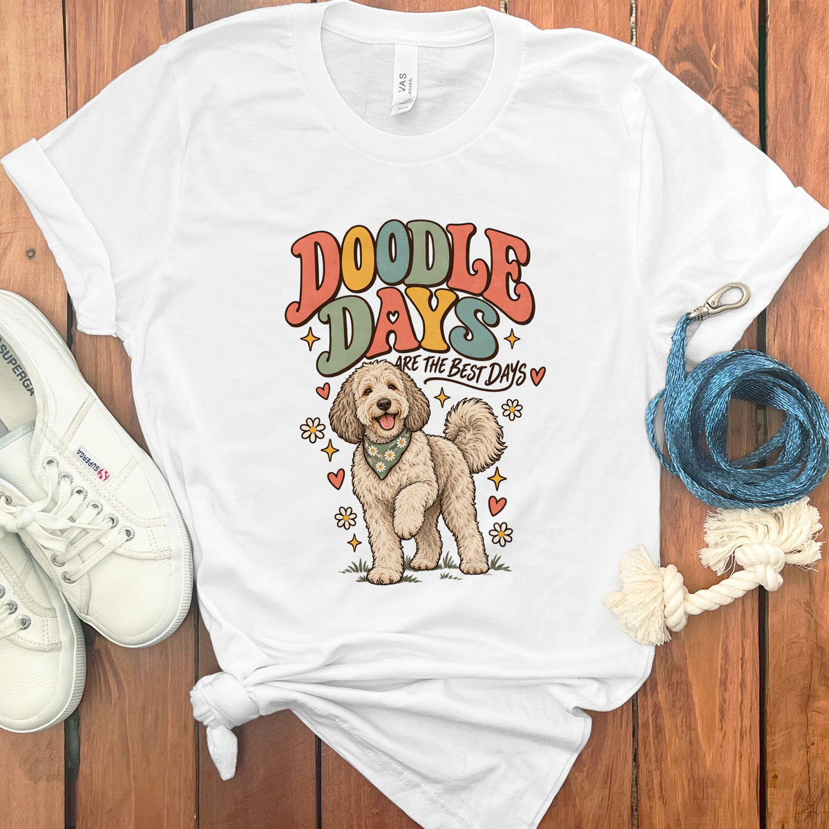 White t-shirt with a doodle dog graphic and text "Doodle Days Are The Best Days".