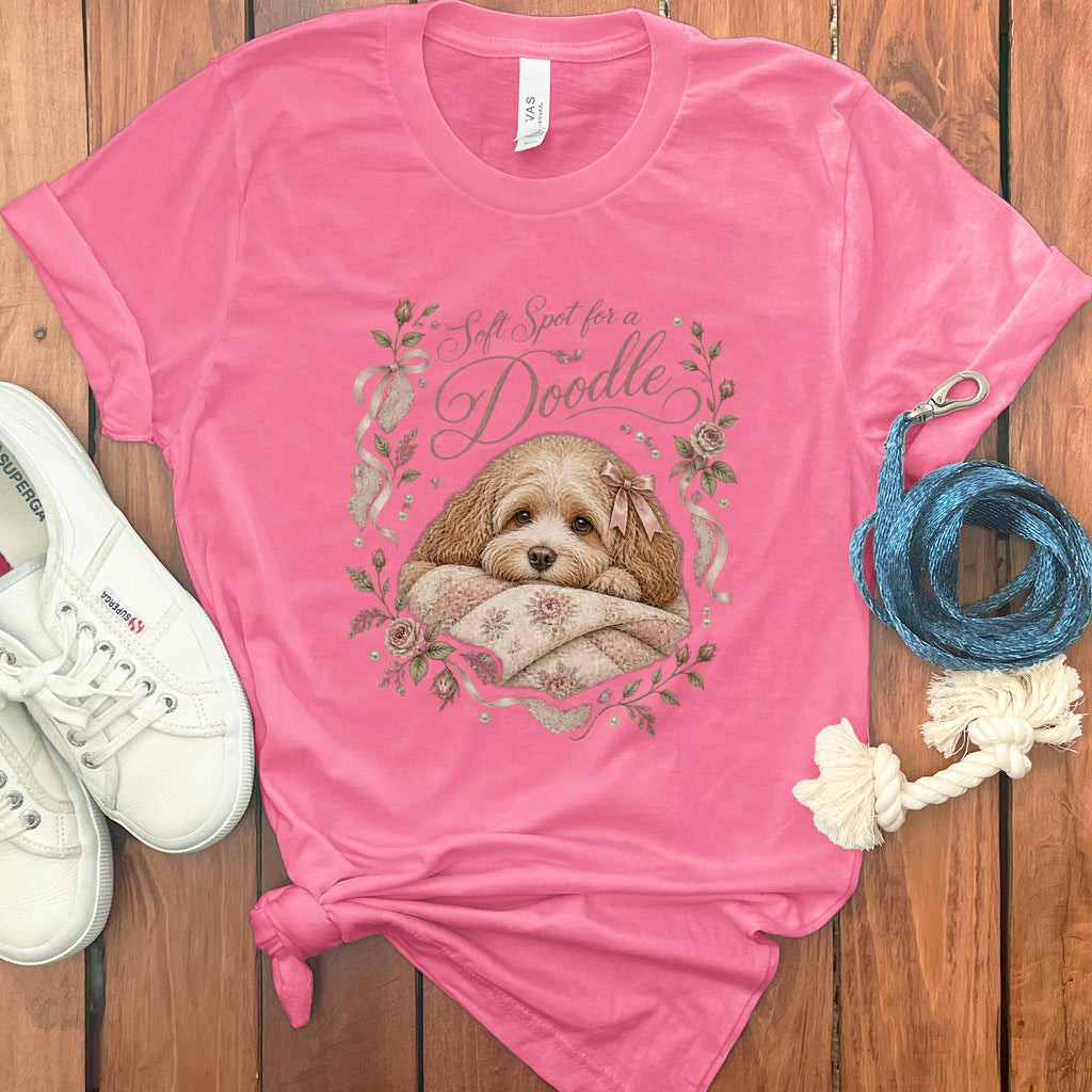 Pink t-shirt with a doodle dog graphic and the text "Soft Spot for a Doodle".