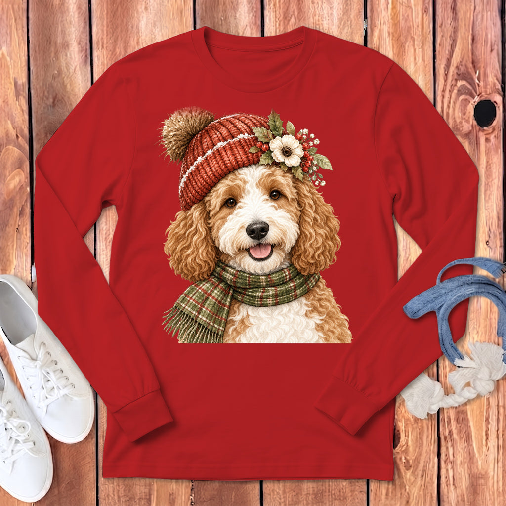 Red long-sleeve shirt with a printed goldendoodle dog wearing a winter hat and scarf.
