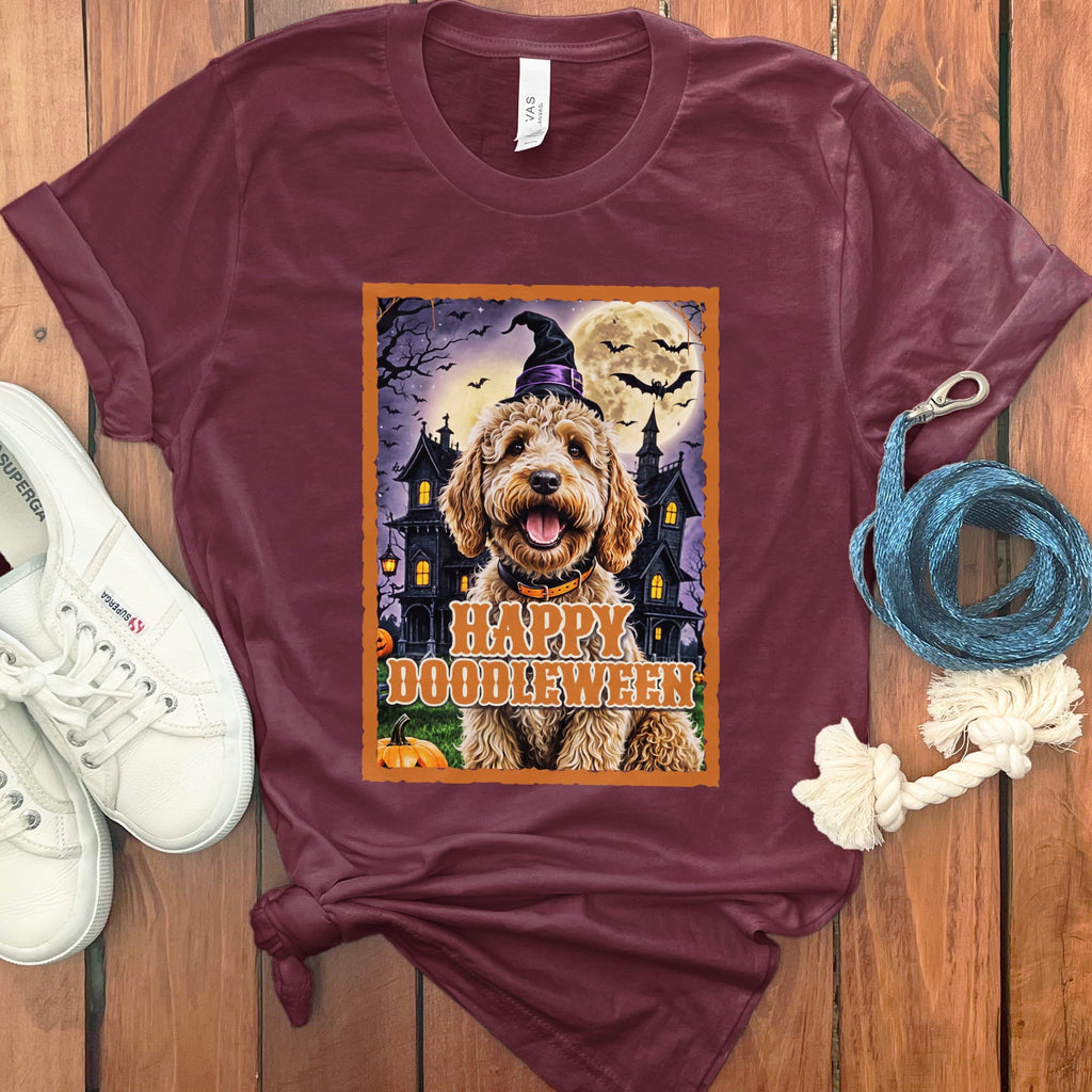 Golden Goldendoodle Happy Doodleween T-Shirt in Maroon / S by Puppy Jo