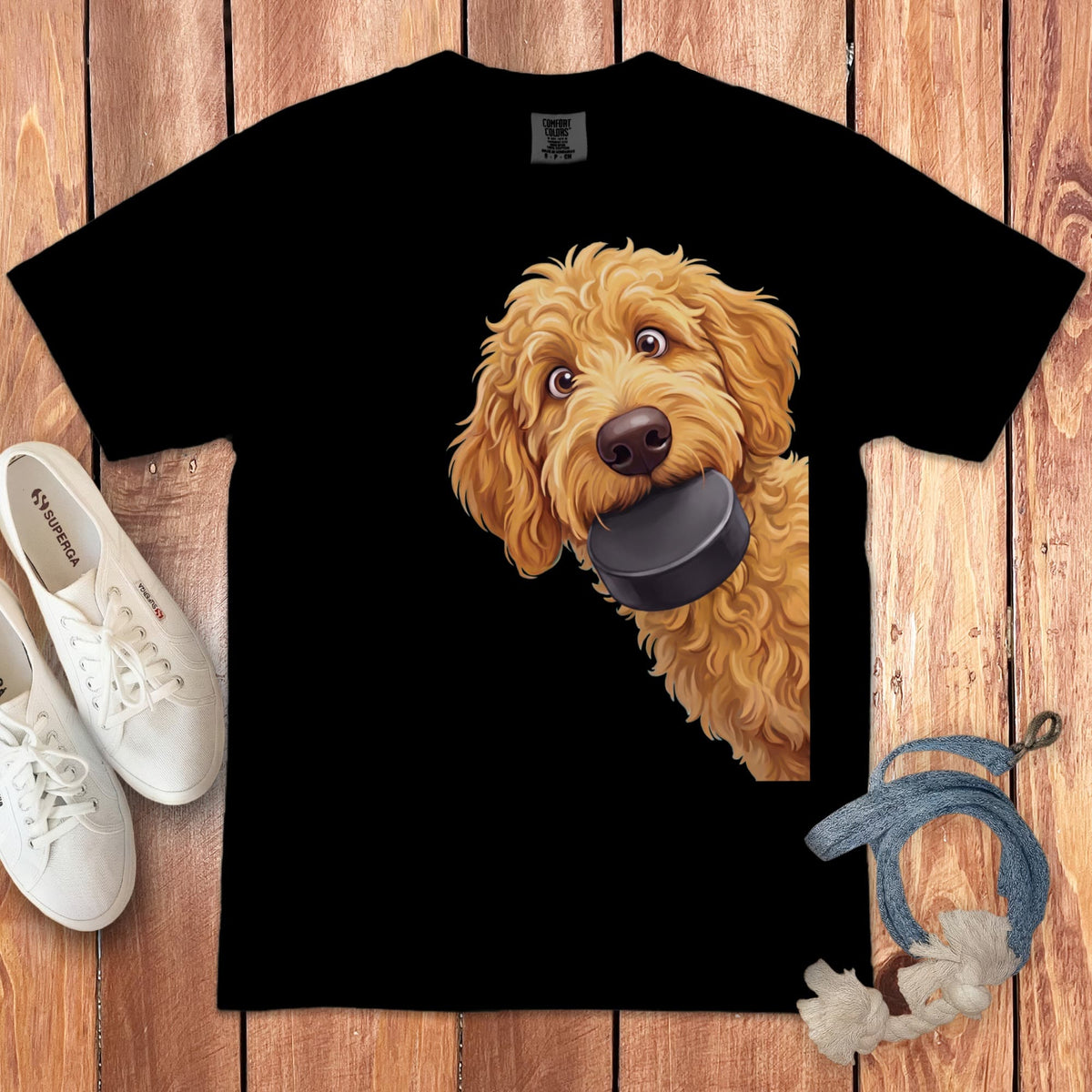 Golden Goldendoodle Hockey Puck Signature T-Shirt in Black / S by Puppy Jo