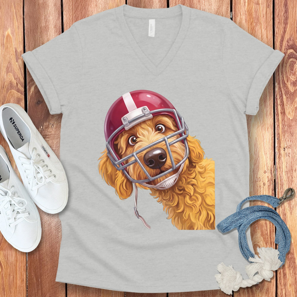 Golden Goldendoodle Football Helmet V-Neck T-Shirt in Athletic Heather / S by Puppy Jo