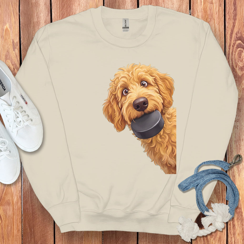 Golden Goldendoodle Hockey Puck Sweatshirt in Sand / S by Puppy Jo