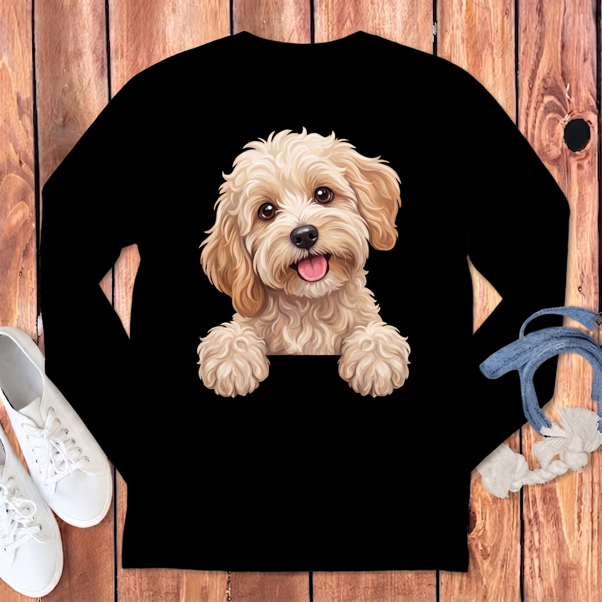 Black long-sleeve shirt with a fluffy blonde dog graphic peeking over the top.