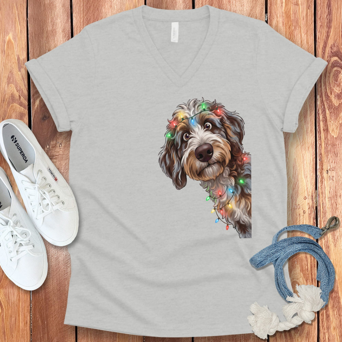 Peeking Aussiedoodle Holiday V-Neck T-Shirt in Athletic Heather / S by Puppy Jo