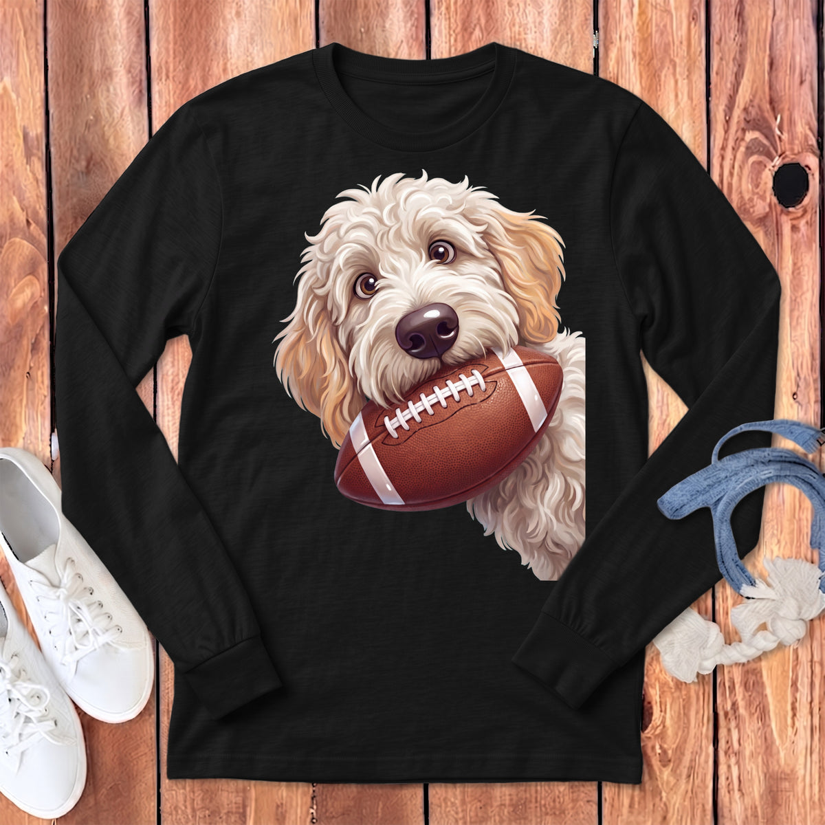 Black long-sleeve t-shirt featuring a fluffy golden-doodle dog holding a football in its mouth.