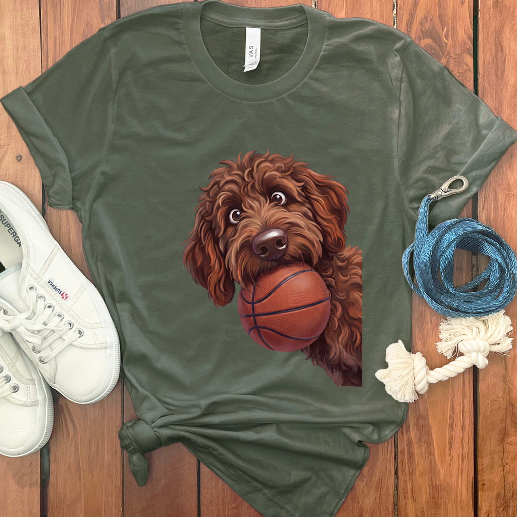 Chocolate Goldendoodle Basketball T-Shirt in Military Green / S by Puppy Jo