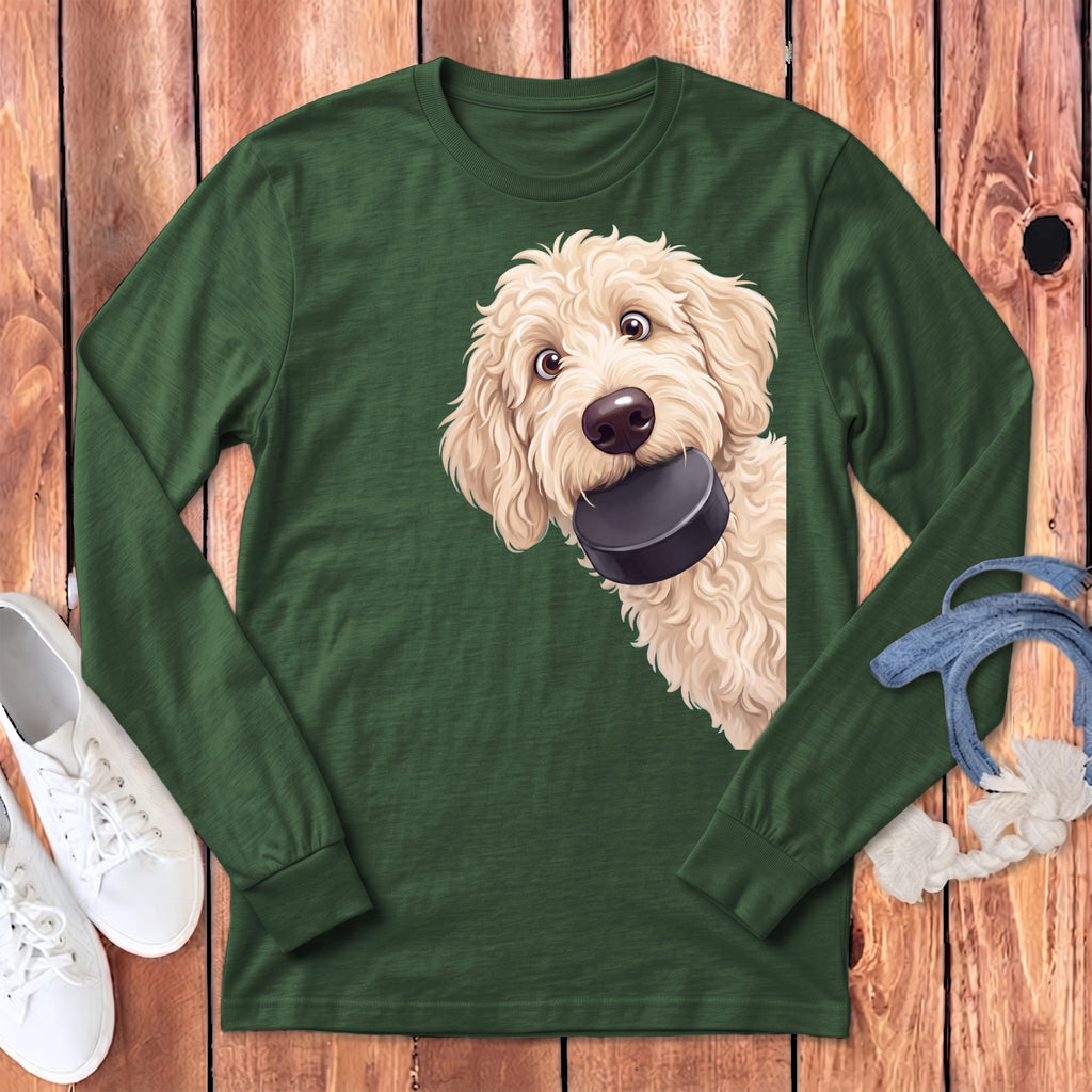 Cream Goldendoodle Hockey Puck Long Sleeve T-Shirt in Heather Forest / S by Puppy Jo