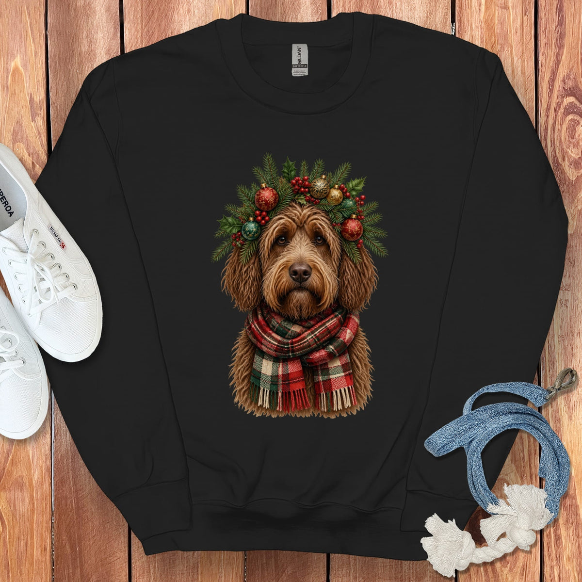 Chocolate Goldendoodle Holiday Crown Sweatshirt in Black / S by Puppy Jo