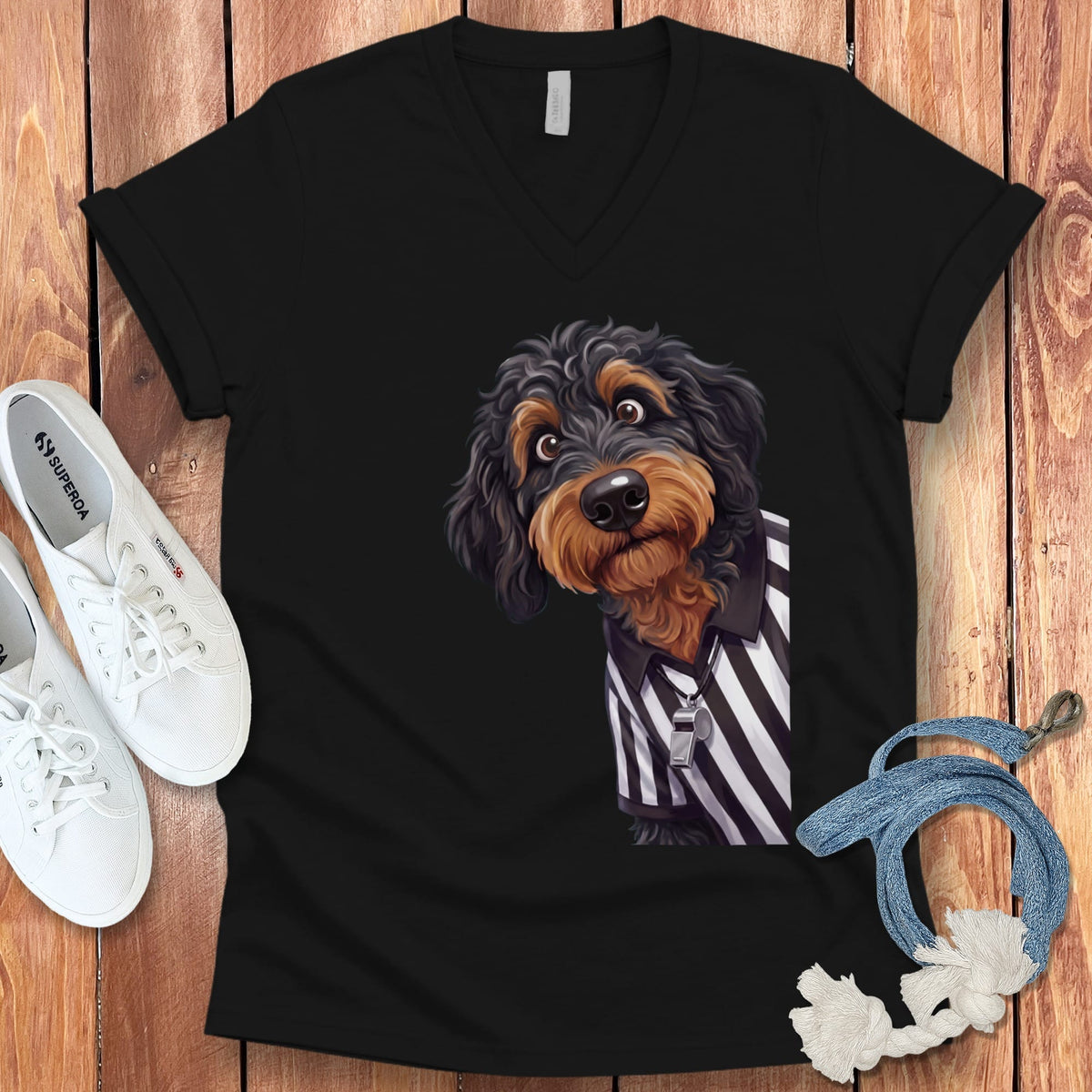 Phantom Goldendoodle Football Referee V-Neck T-Shirt in Black / S by Puppy Jo