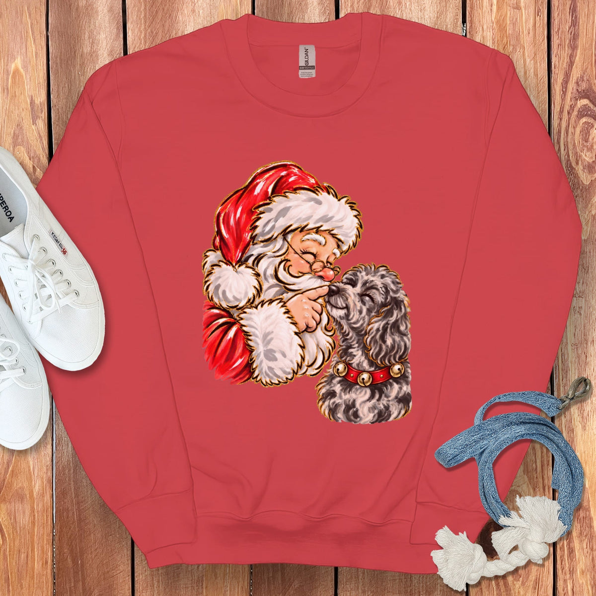 Merle Goldendoodle Santa Kiss Sweatshirt in Red / S by Puppy Jo