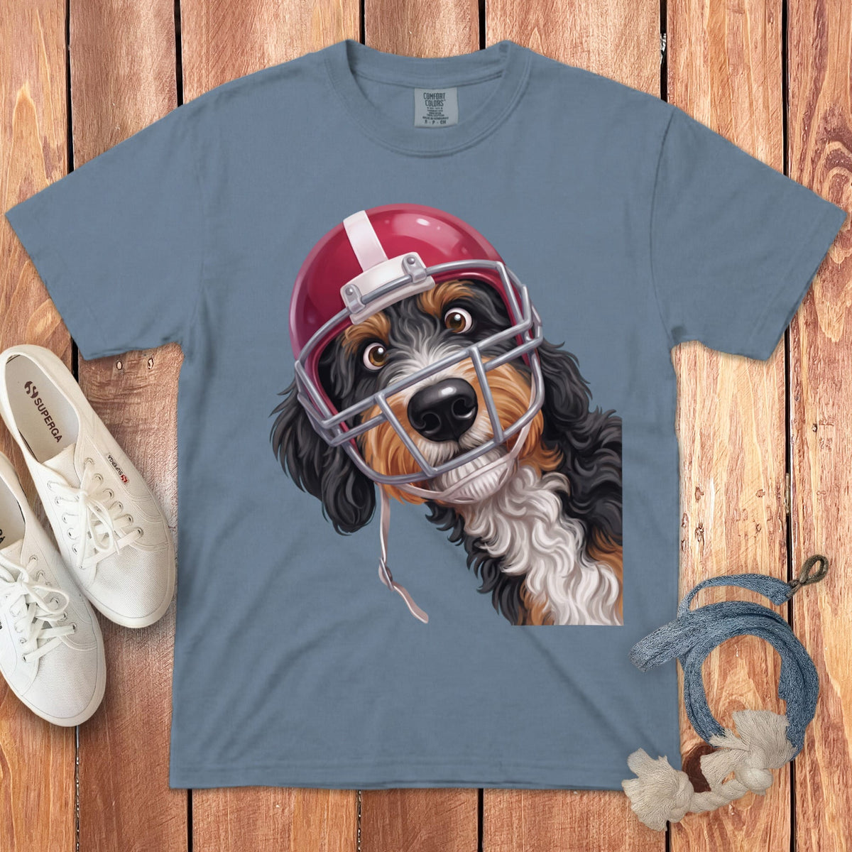 Bernedoodle Football Helmet Signature T-Shirt in Blue Jean / S by Puppy Jo