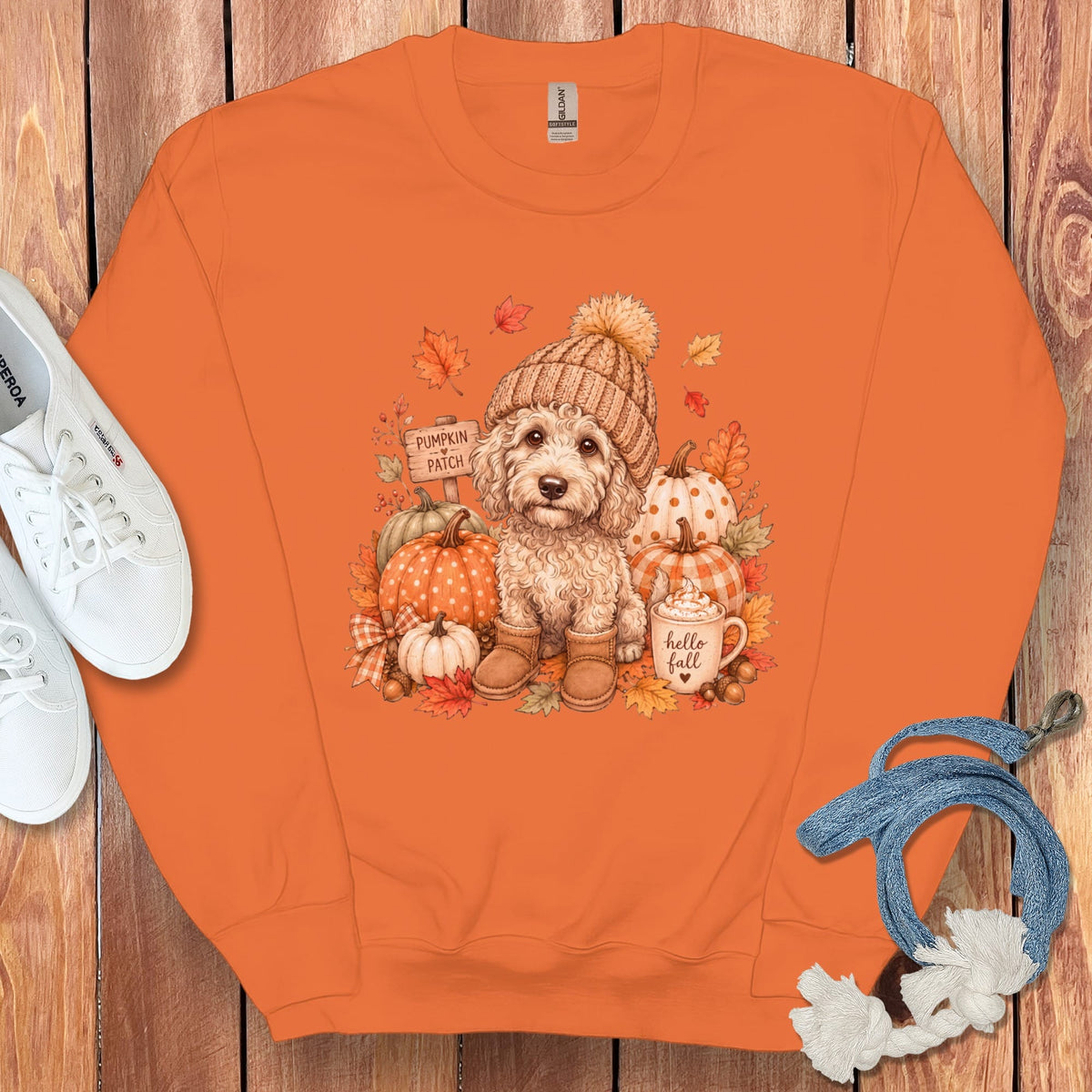 Cream Goldendoodle Pumpkin Patch Sweatshirt in Orange / S by Puppy Jo