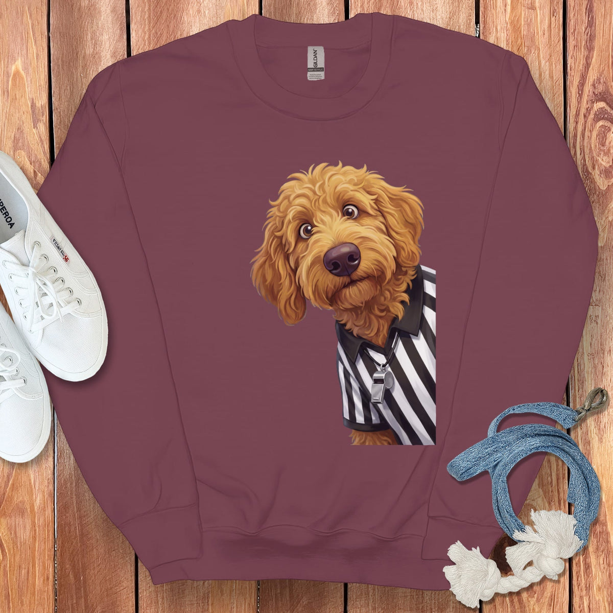Apricot Goldendoodle Football Referee Sweatshirt in Maroon / S by Puppy Jo