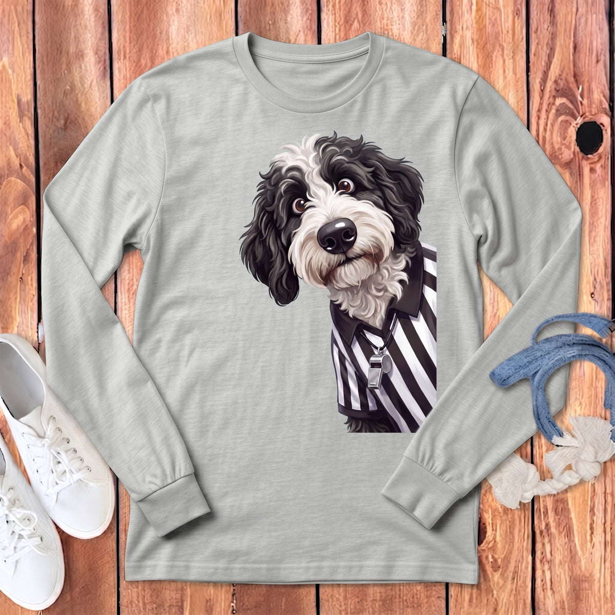 Long sleeve grey shirt with black and white striped referee collar, featuring a cartoon dog graphic.