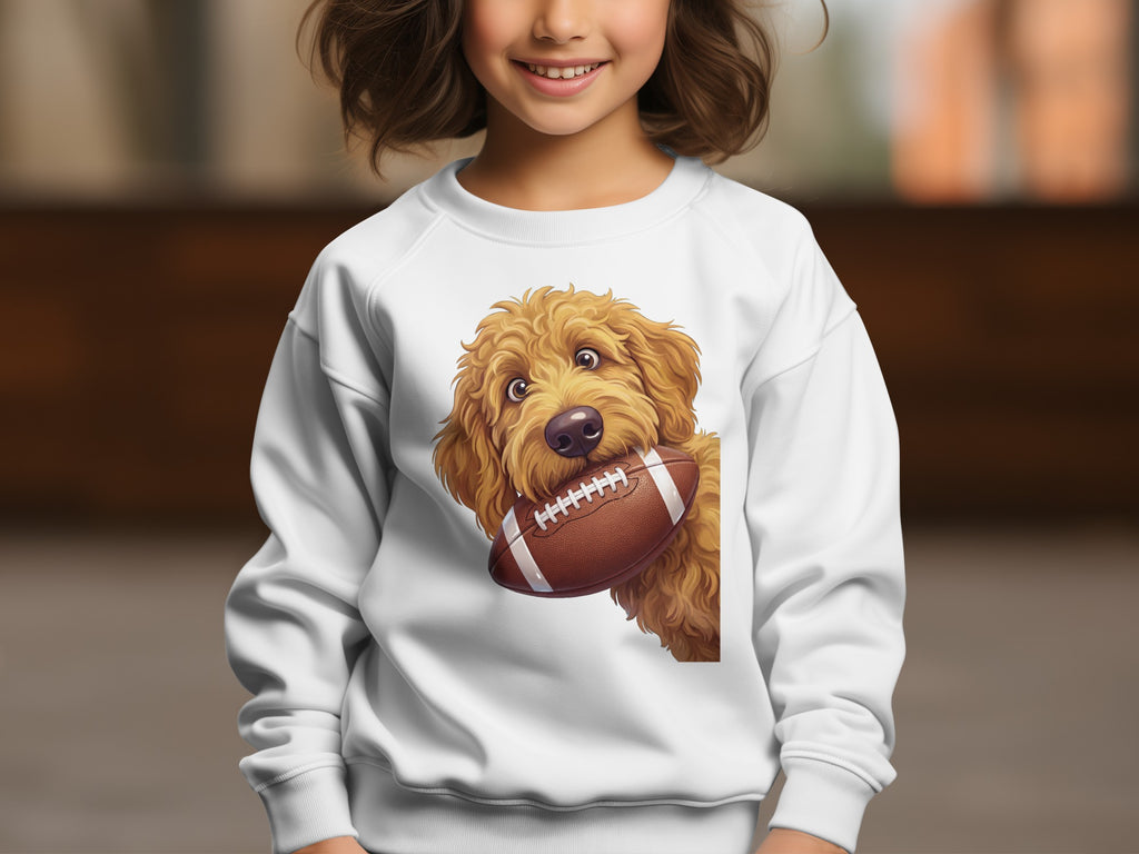 White sweatshirt with a cartoon dog holding a football.