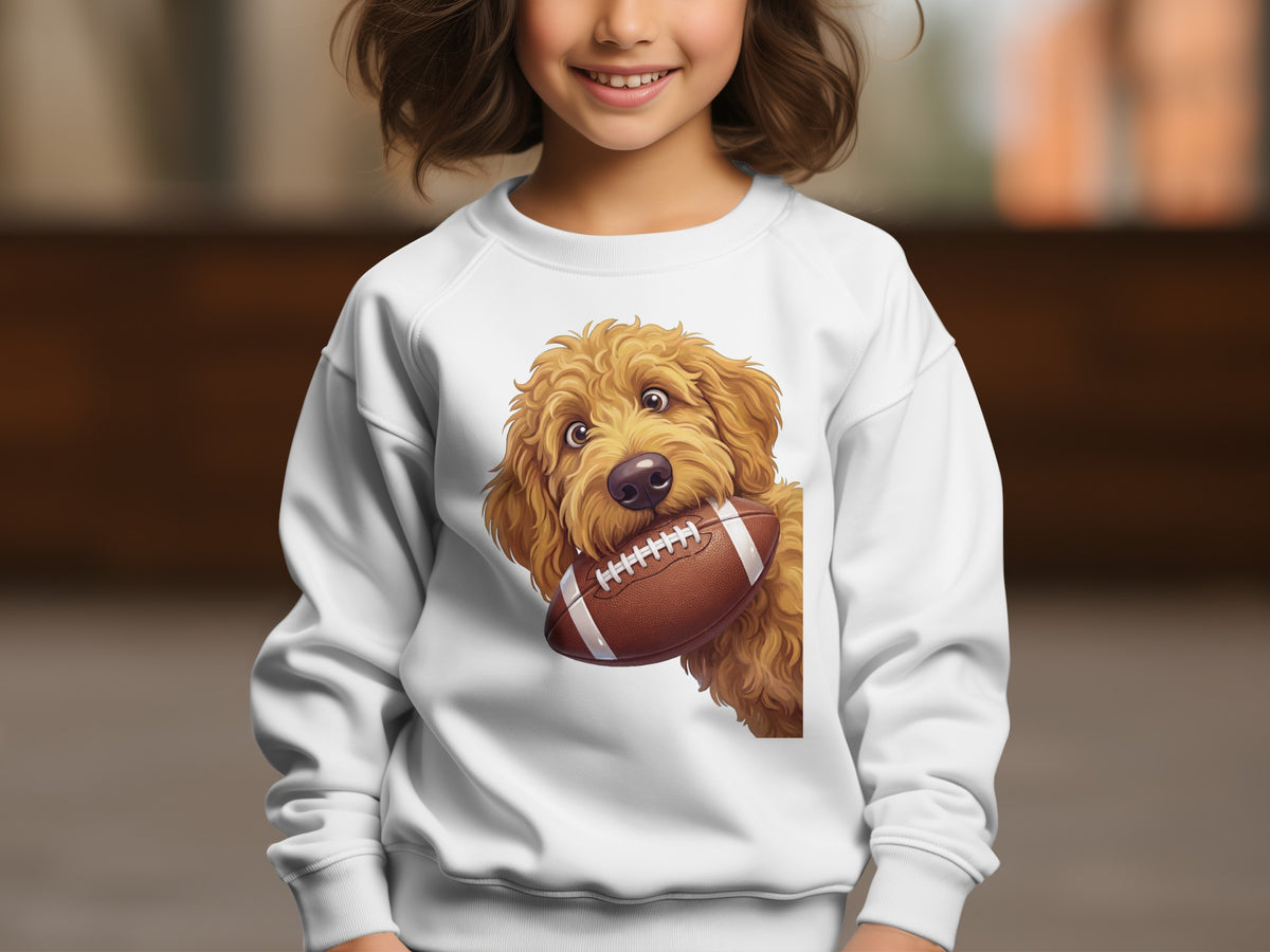 White sweatshirt with a cartoon dog holding a football.
