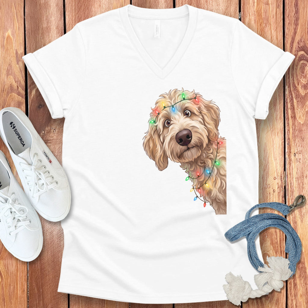 Peeking Apricot Goldendoodle Holiday V-Neck T-Shirt in White / S by Puppy Jo