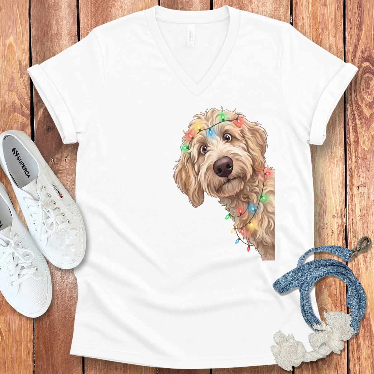Peeking Apricot Goldendoodle Holiday V-Neck T-Shirt in White / S by Puppy Jo
