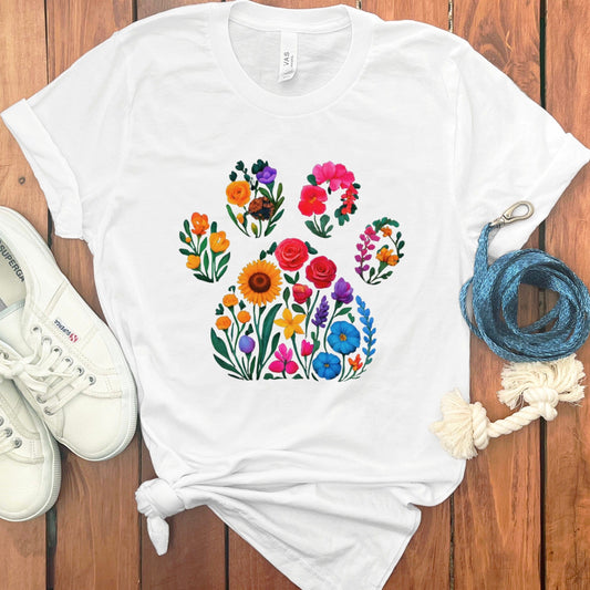 Colorful Floral Paw Print Design T-shirt Product Type