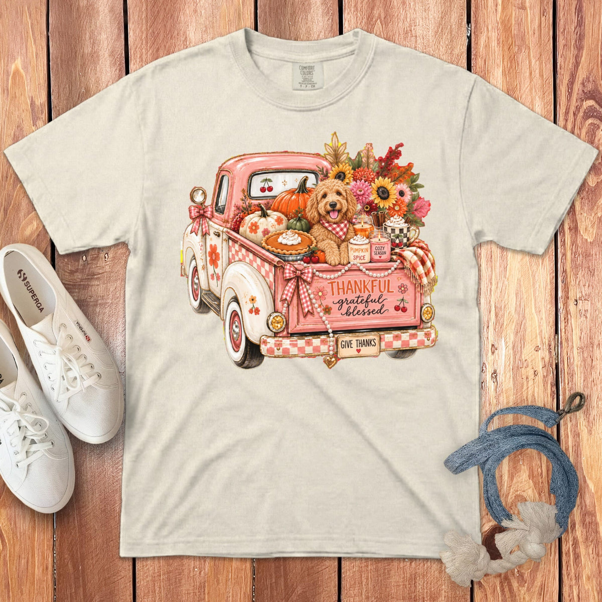 Apricot Goldendoodle Fall Truck Signature T-Shirt in Ivory / S by Puppy Jo