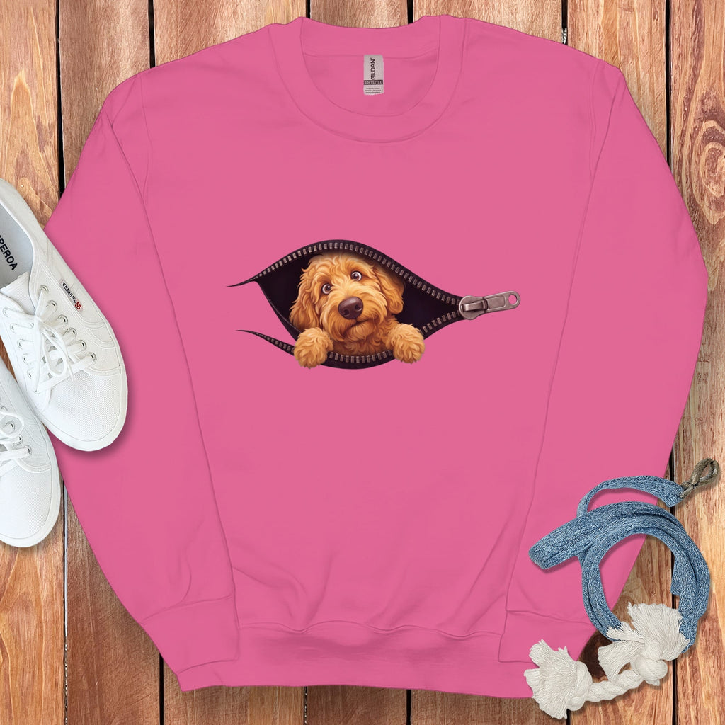 Golden Goldendoodle Peeking Zipper Sweatshirt in Heliconia / S by Puppy Jo