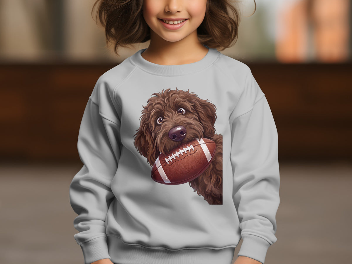 Light grey sweatshirt with illustration of brown dog holding a football.