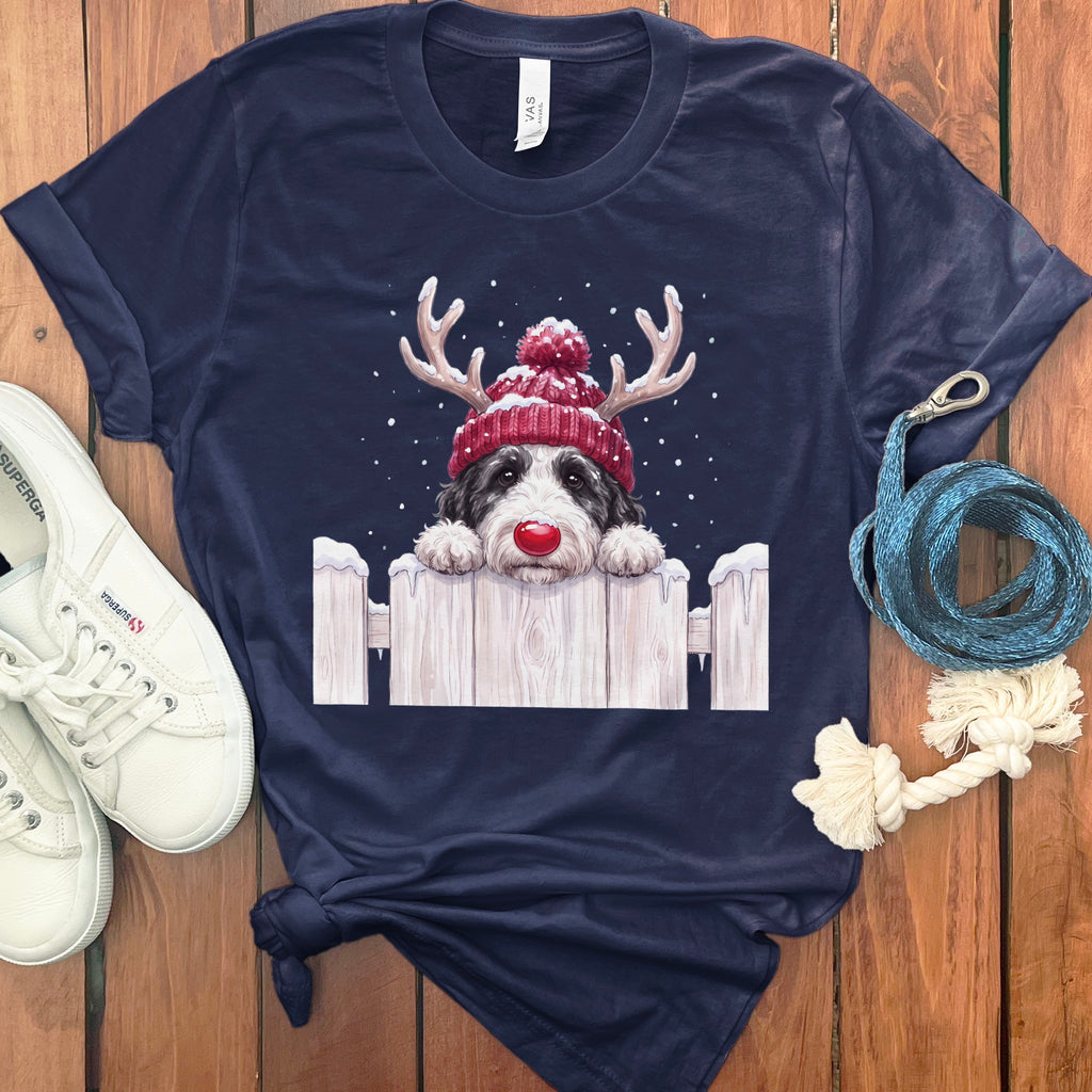 Navy t-shirt with a cartoon dog wearing a reindeer hat and red nose.