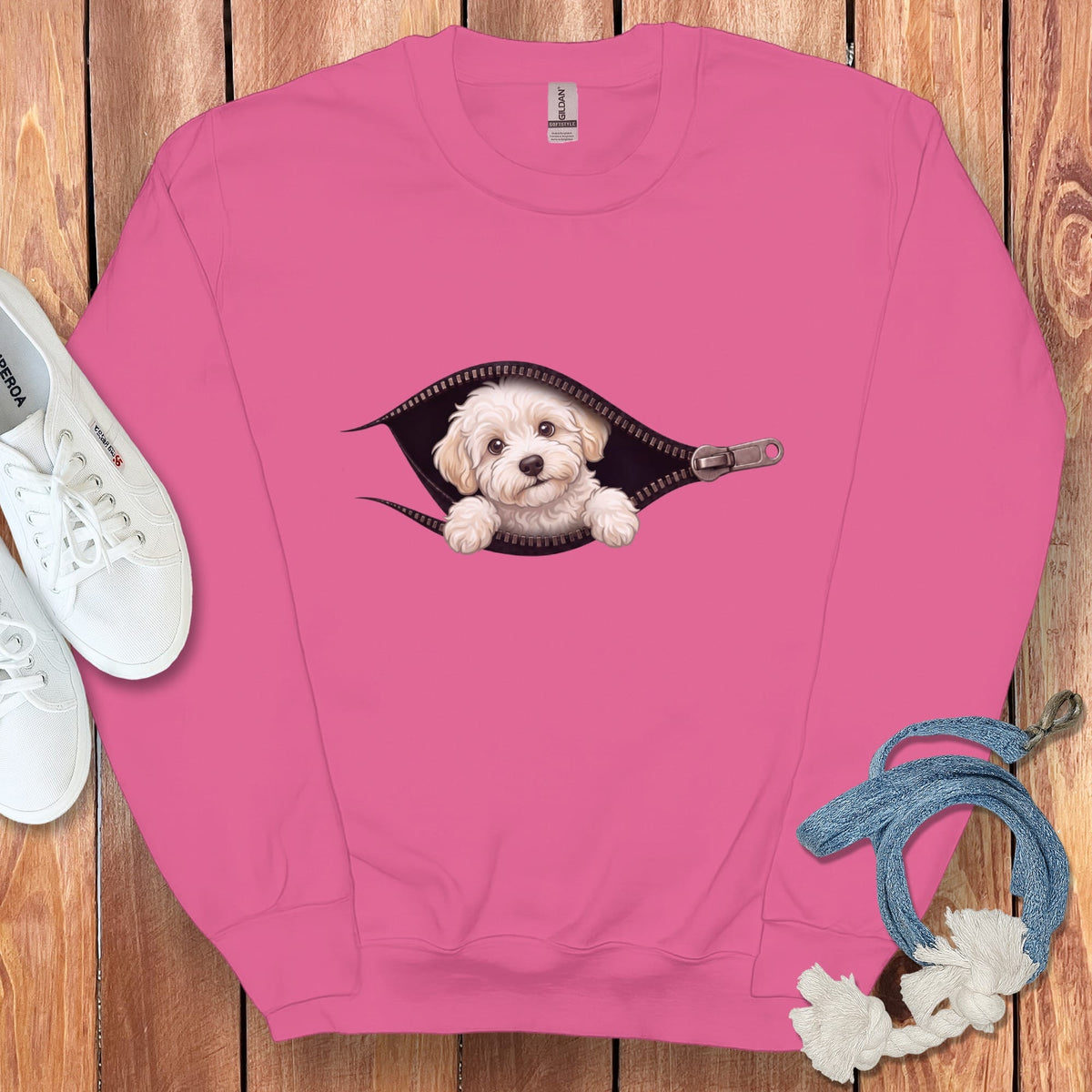Maltipoo Peeking Zipper Sweatshirt in Heliconia / S by Puppy Jo