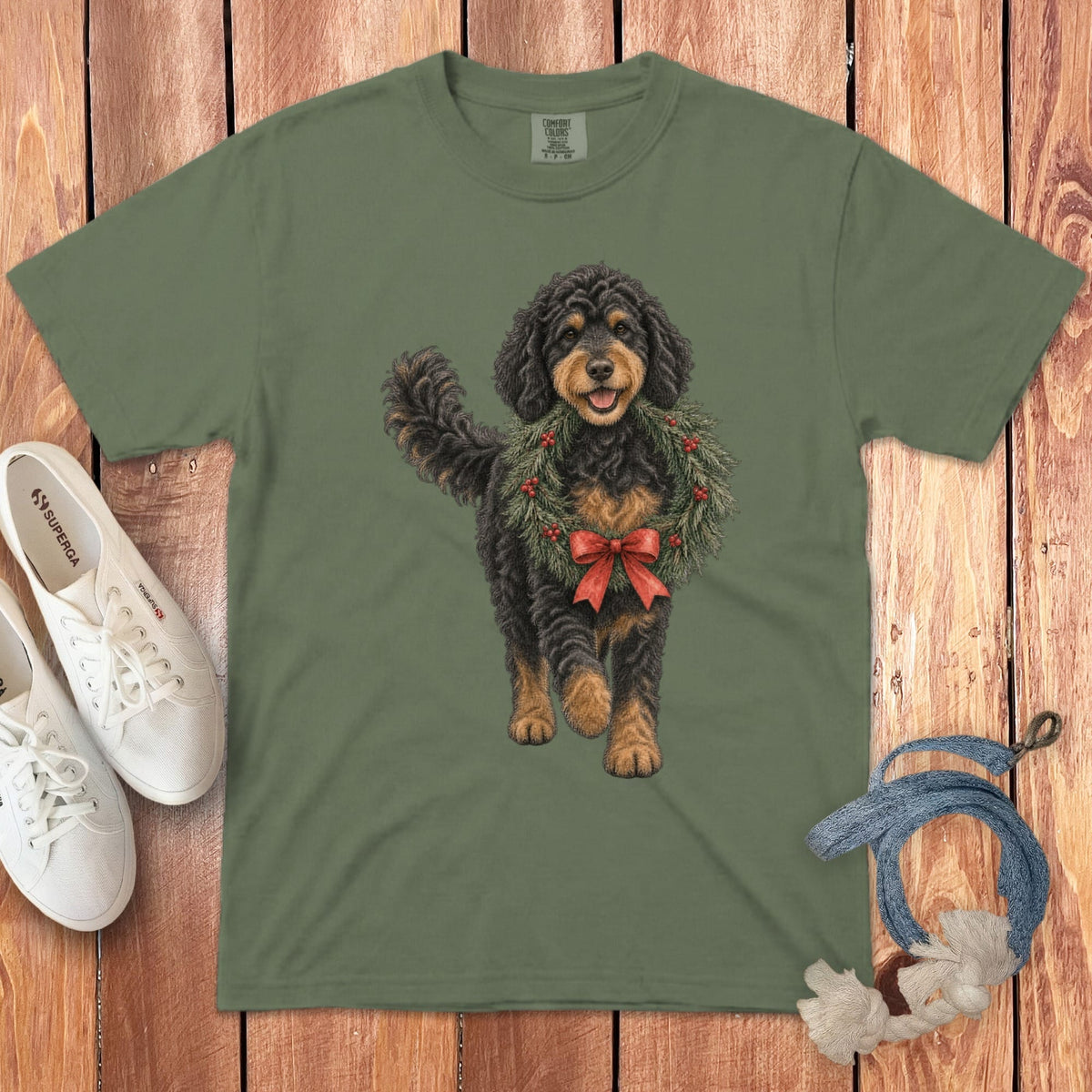 Phantom Goldendoodle Wreath Signature T-Shirt in Moss / S by Puppy Jo