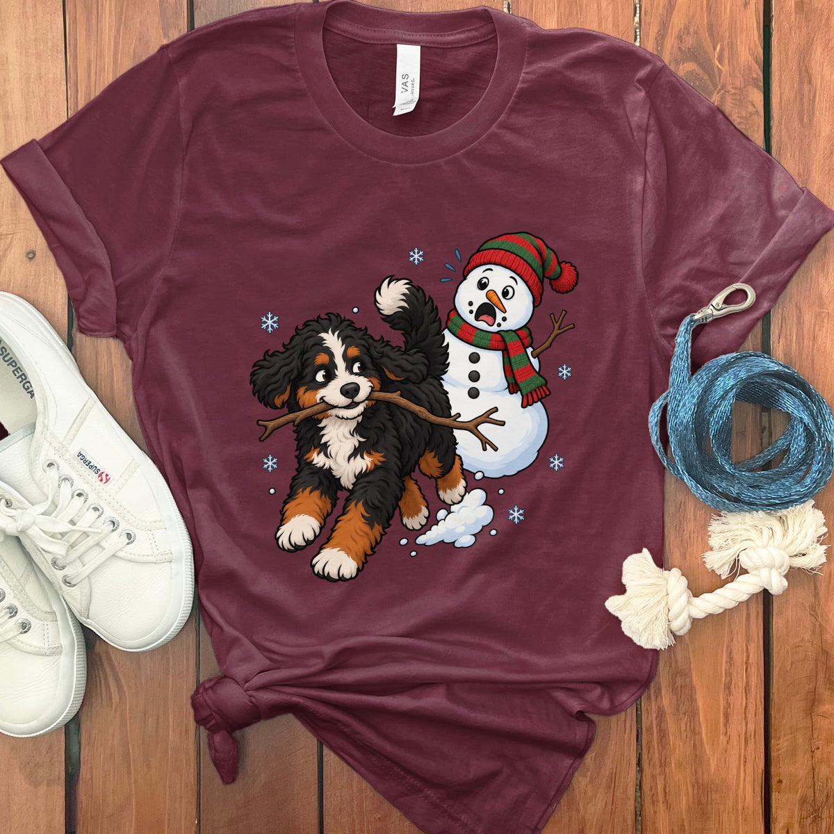 Bernedoodle Snowman T-Shirt in Maroon / S by Puppy Jo