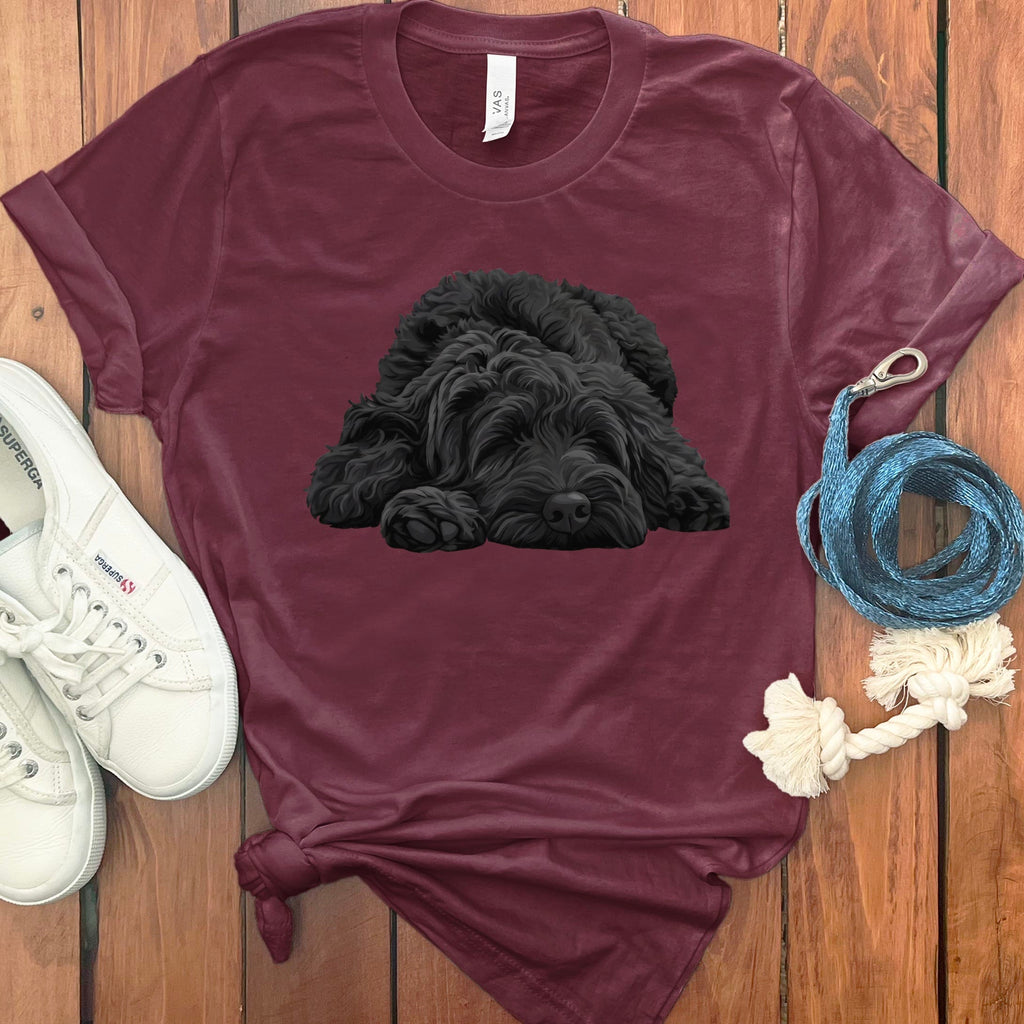 Black Goldendoodle Snoozing T-Shirt in Maroon / S by Puppy Jo