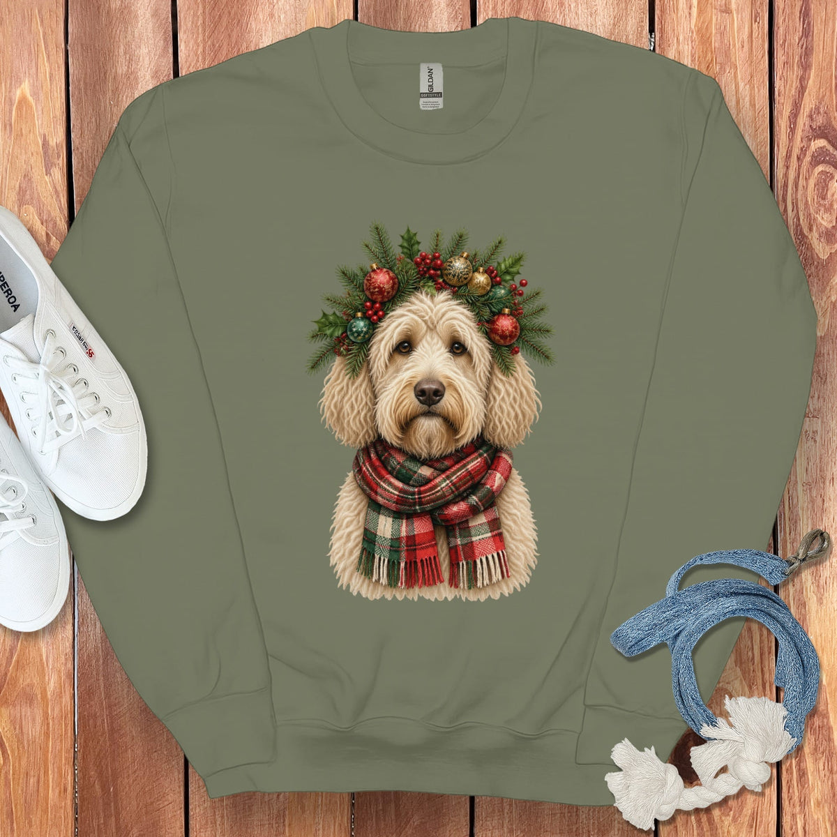 Cream Goldendoodle Holiday Crown Sweatshirt in Military Green / S by Puppy Jo